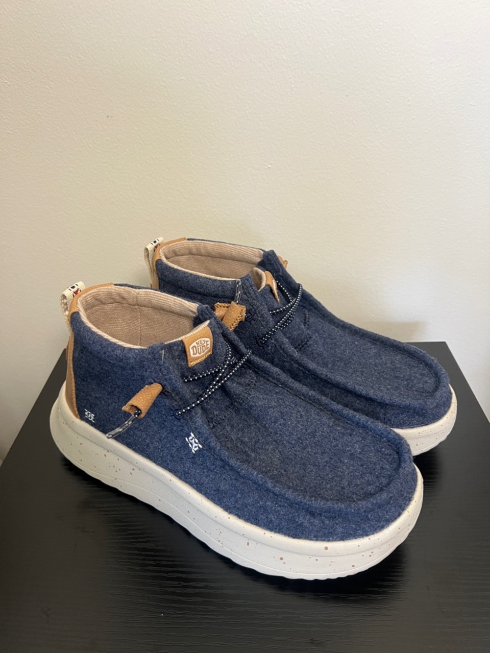 Hey Dude Navy Platform Slip-On Sneakers with Tan Accents - Picture 2 of 5